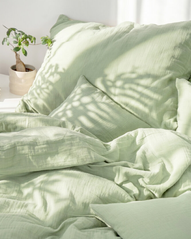 Mousseline beddengoed - licht saliegroen