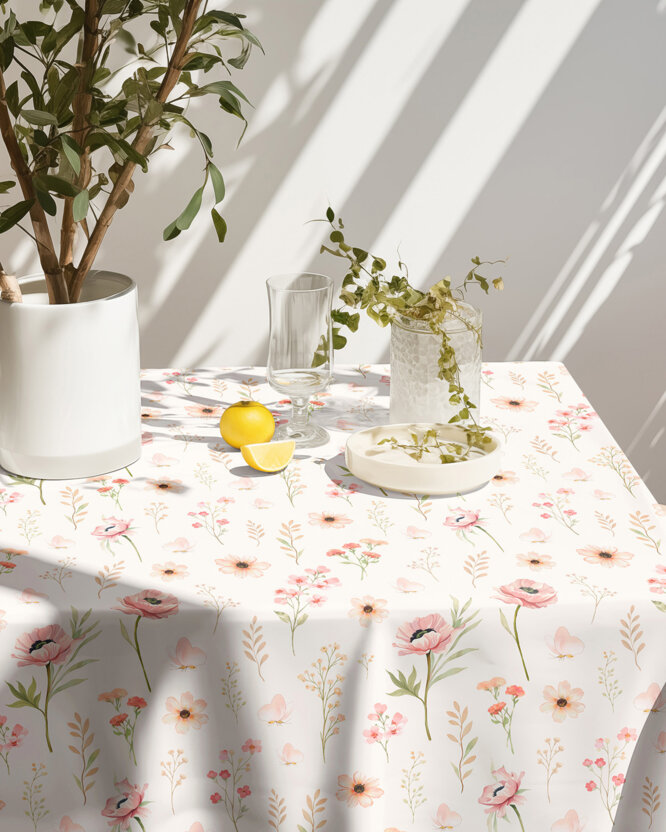 Hoekig teflon tafelkleed - Roze bloemen