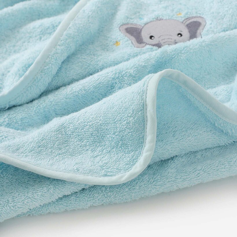Kinder badstof badhanddoek met capuchon - Olifantje op blauw
