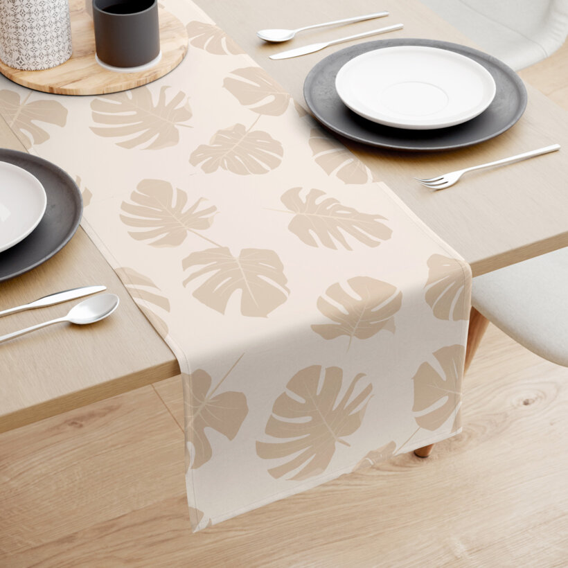 Tafelloper 100% katoen renforcé - Tropische bladeren op beige