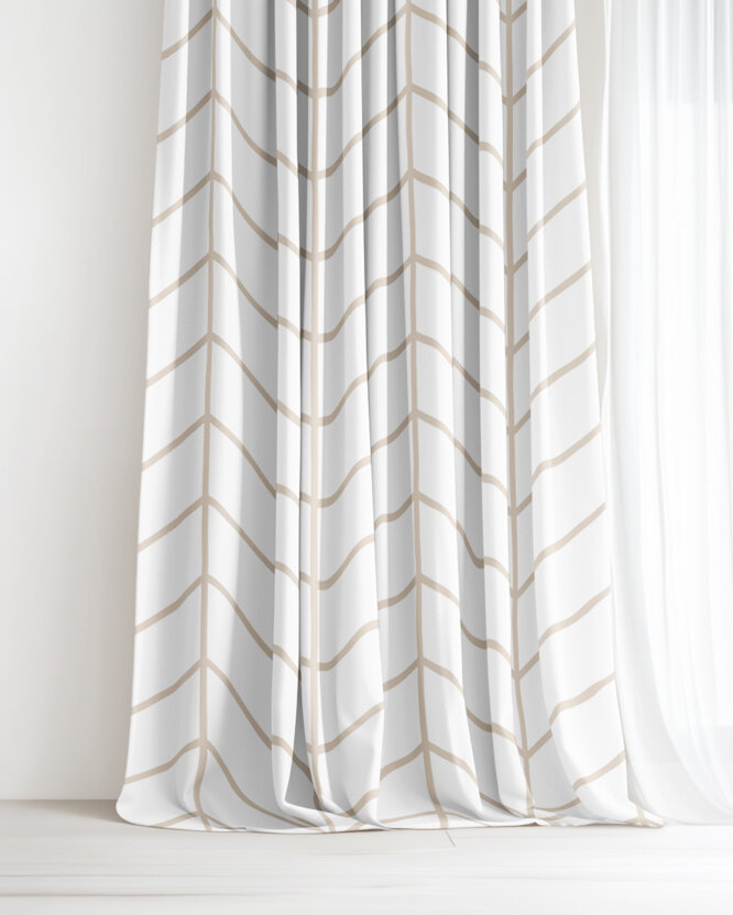 Katoenen gordijn - Beige zigzag op wit