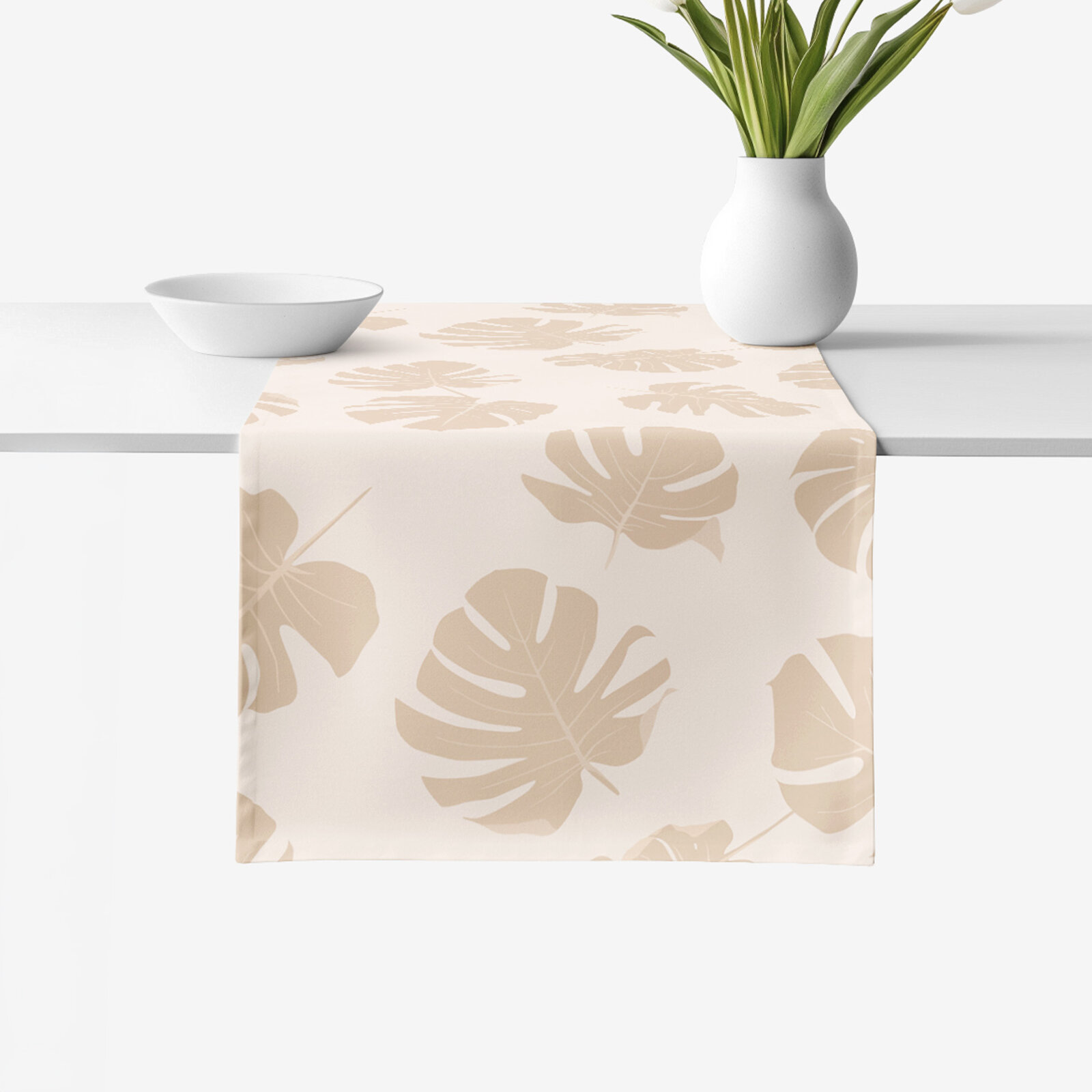 Tafelloper 100% katoen renforcé - Tropische bladeren op beige