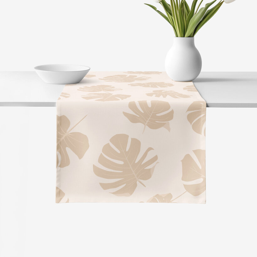 Tafelloper 100% katoen renforcé - Tropische bladeren op beige