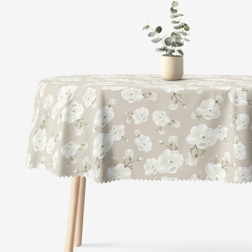 Ovaal teflon tafelkleed - Witte bloemen