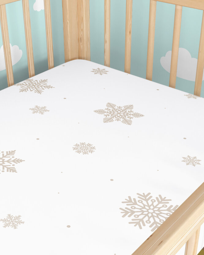 Katoenen hoeslaken voor een babybedje - Sneeuwvlokken op wit