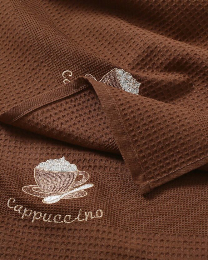 Geborduurde theedoek wafeldoek - Koffie op bruin