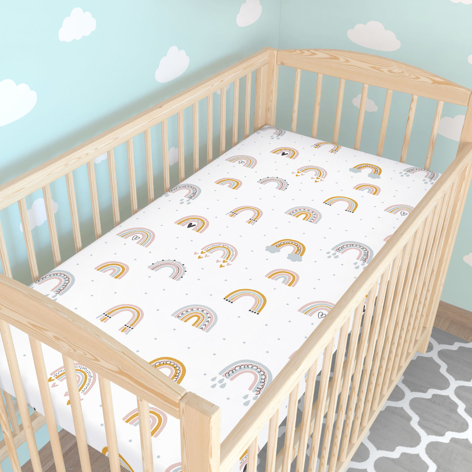 Katoenen hoeslaken voor een babybedje - Geschilderde regenbogen