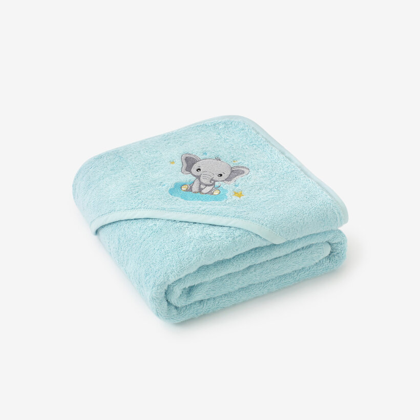 Kinder badstof badhanddoek met capuchon - Olifantje op blauw