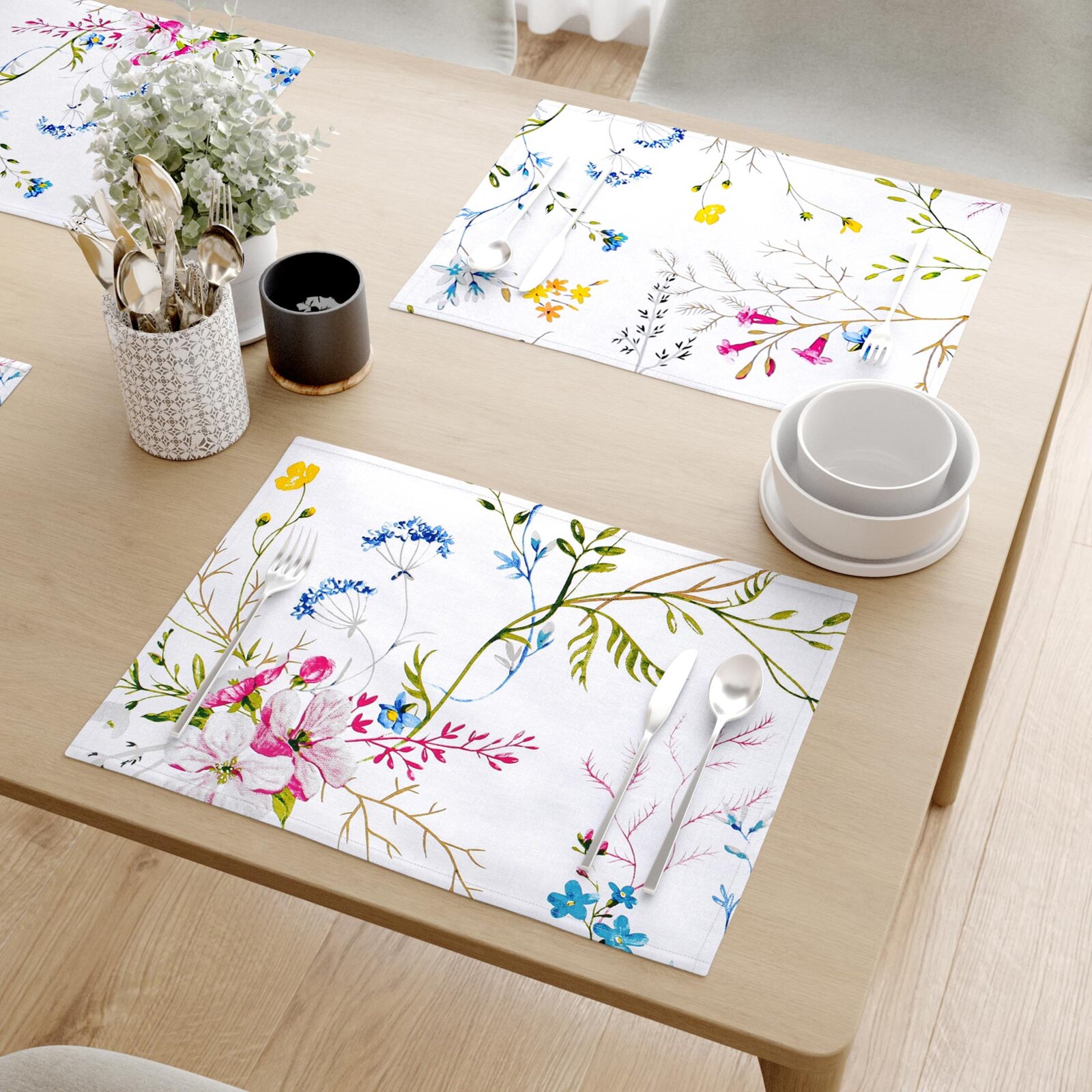 Placemat voor op tafel 100% katoen renforcé - Geschilderde veldbloemen - set 2 stuks