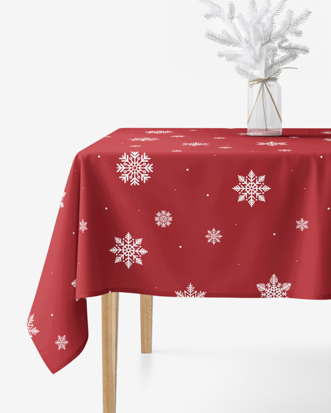Hoekig tafelkleed 100% katoen renforcé - Sneeuwvlokken op rood