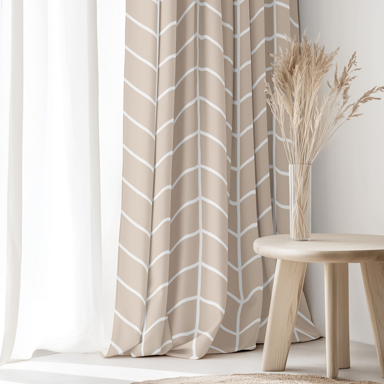 Katoenen gordijn - Witte zigzag op beige