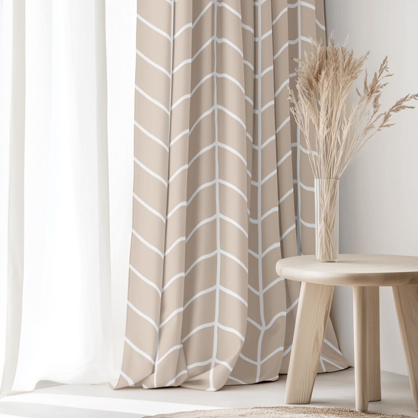 Katoenen gordijn - Witte zigzag op beige
