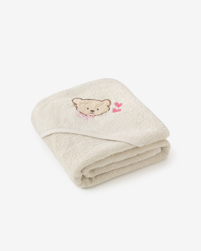 Baby badstof badhanddoek met capuchon - Beertje op beige