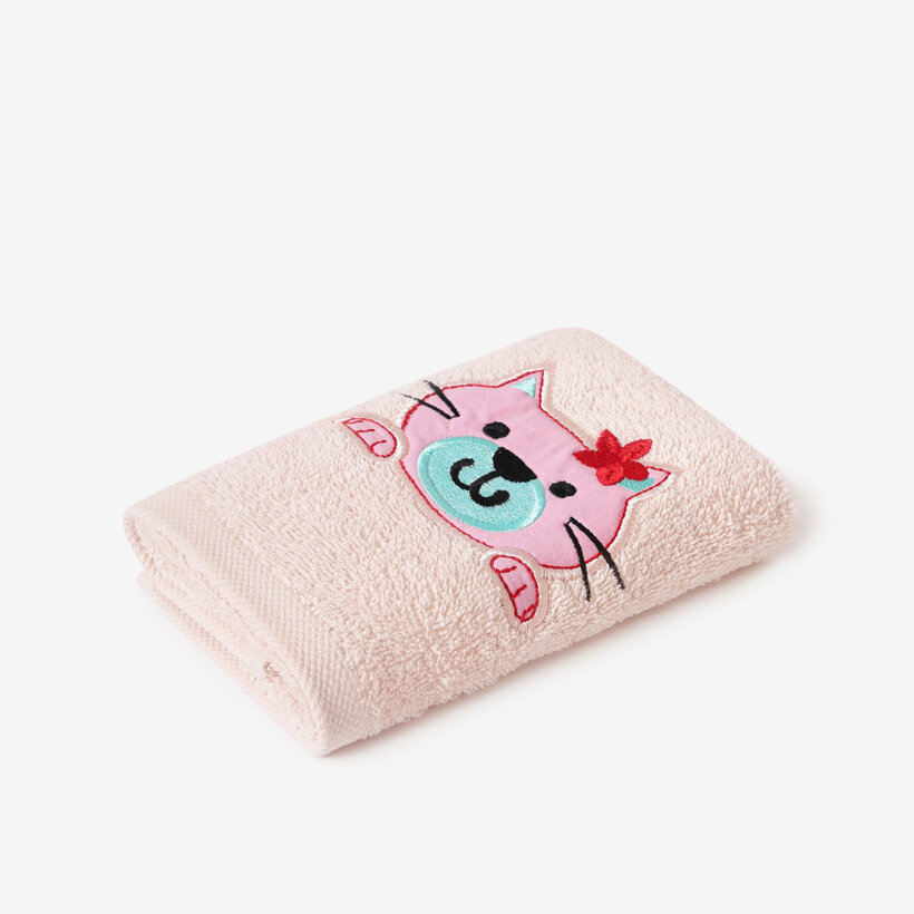 Kinder badstof handdoek - Poesje op lichtroze