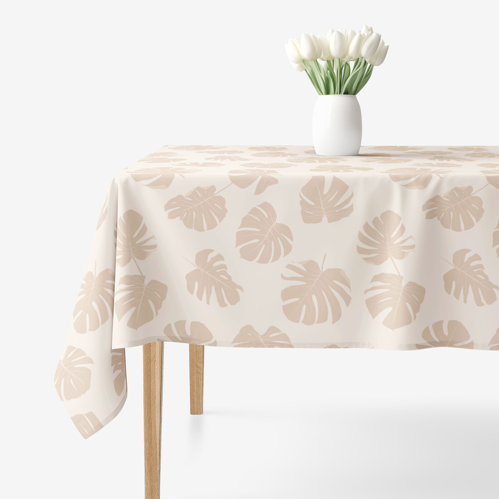 Hoekig tafelkleed 100% katoen renforcé - Tropische bladeren op beige