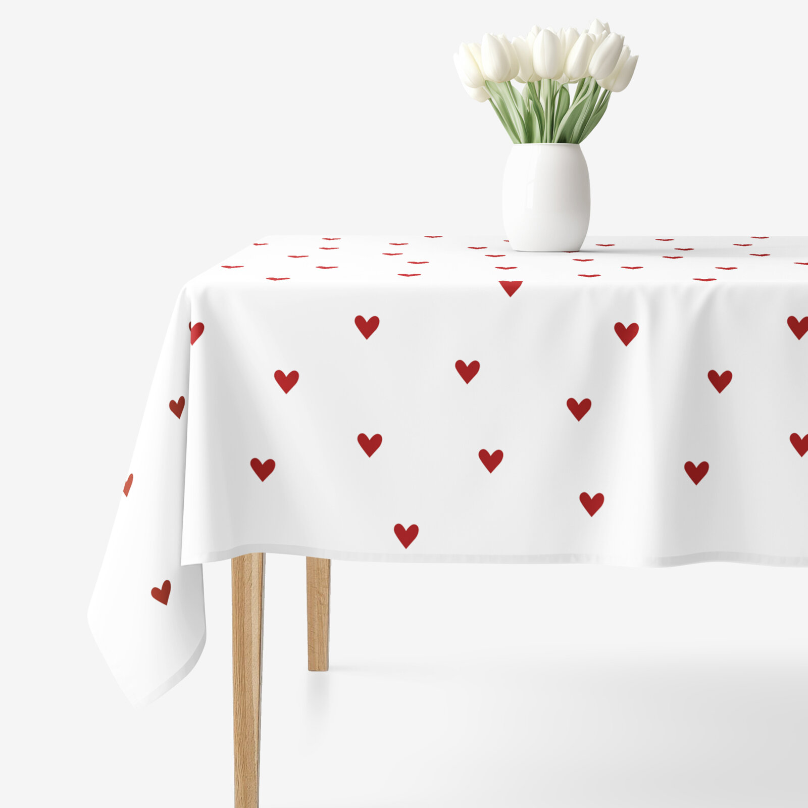 Hoekig tafelkleed 100% katoen renforcé - Rood hartjes op wit