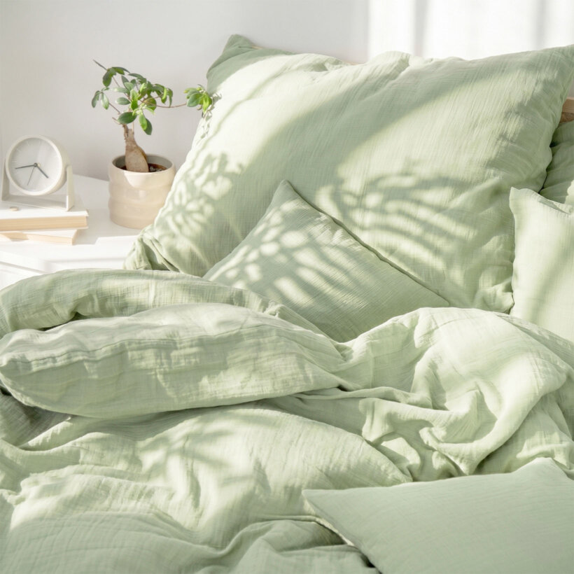 Mousseline beddengoed - licht saliegroen