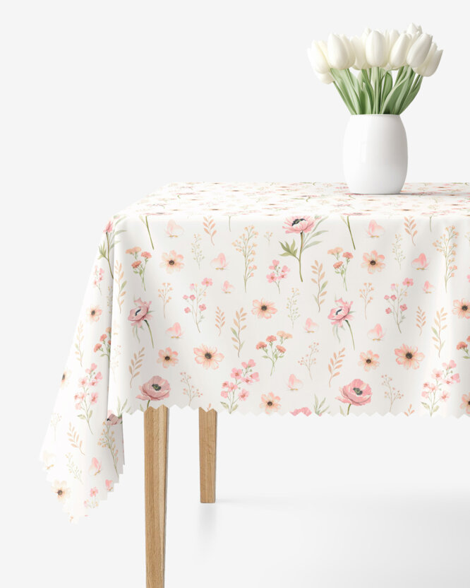 Hoekig teflon tafelkleed - Roze bloemen