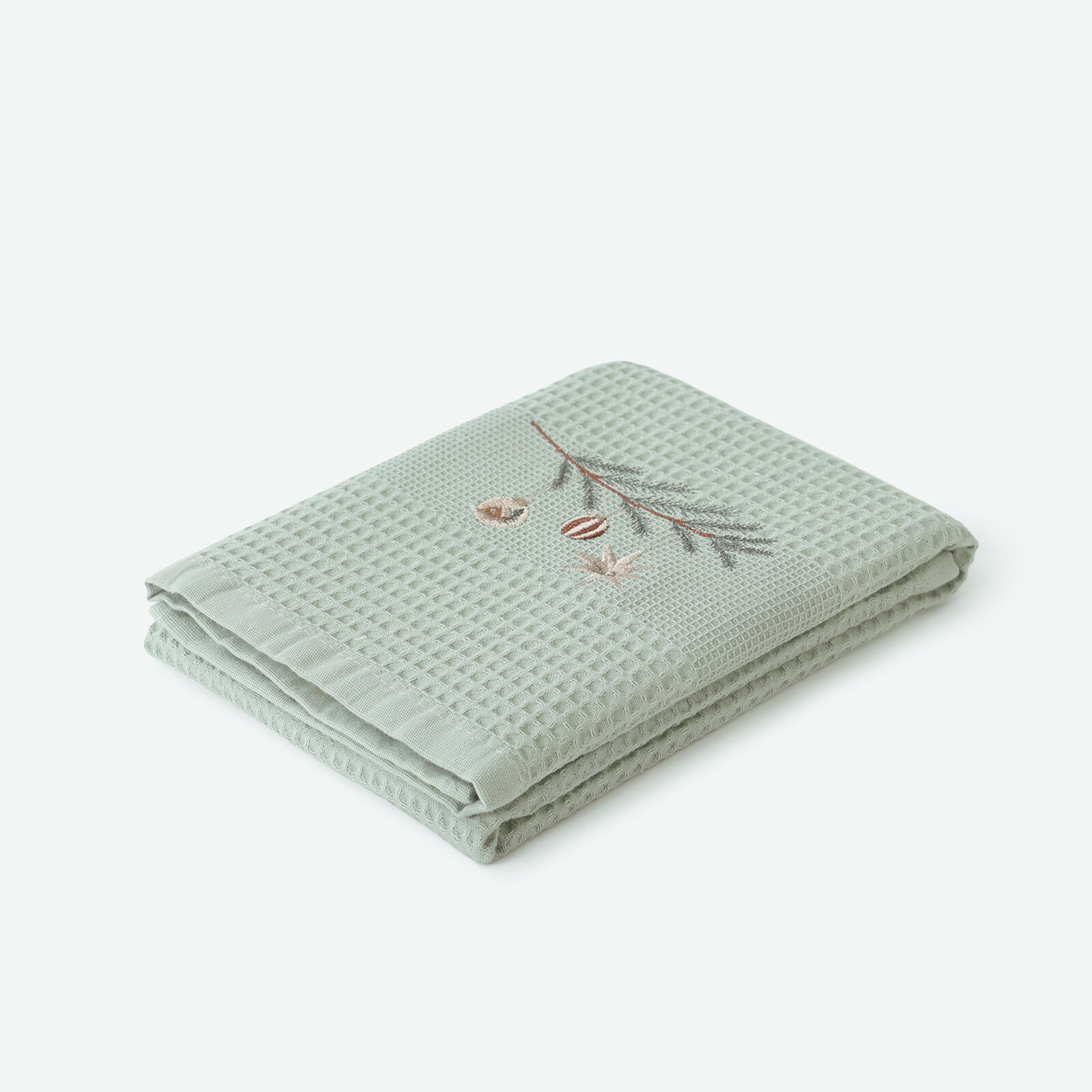 Kerst keuken wafeldoek - geborduurde theedoek - Kerstballen op een tak op saliegroen