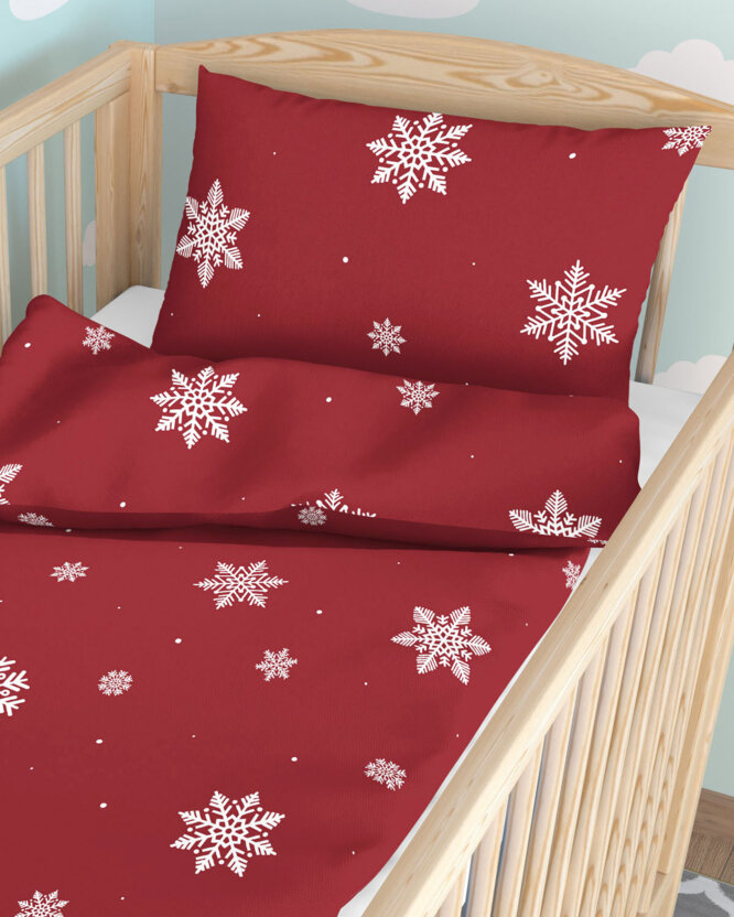 Katoenen beddengoed voor babybedje - Sneeuwvlokken op rood