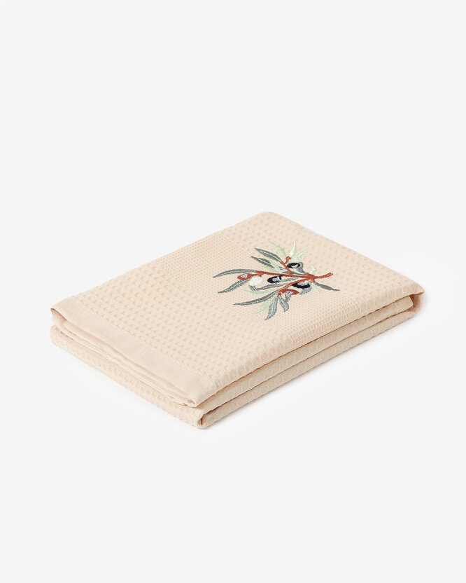 Geborduurde theedoek van wafeldoek - Olijven op beige