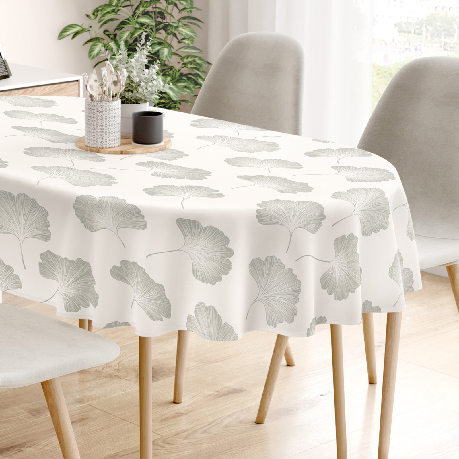 Ovaal tafelkleed 100% katoen renforcé - Bladeren ginkgo