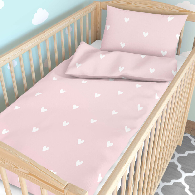 Katoenen beddengoed voor baby's - Hartjes op poederroze