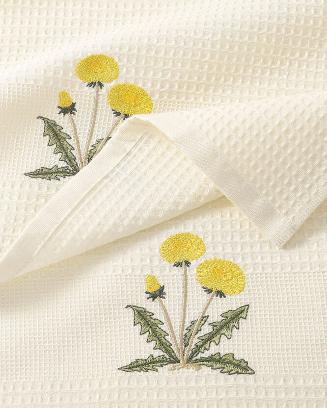 Keuken geborduurde theedoek wafeldoek - Paardenbloemen op crème
