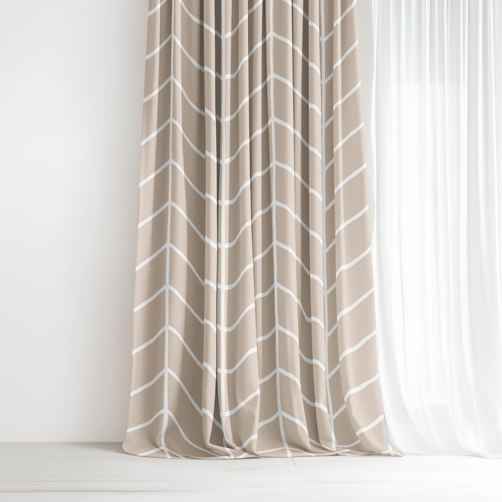 Katoenen gordijn - Witte zigzag op beige
