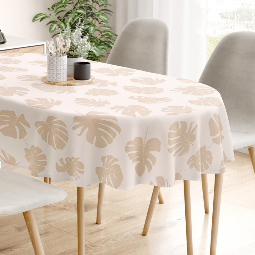 Ovaal tafelkleed 100% katoen renforcé - Tropische bladeren op beige