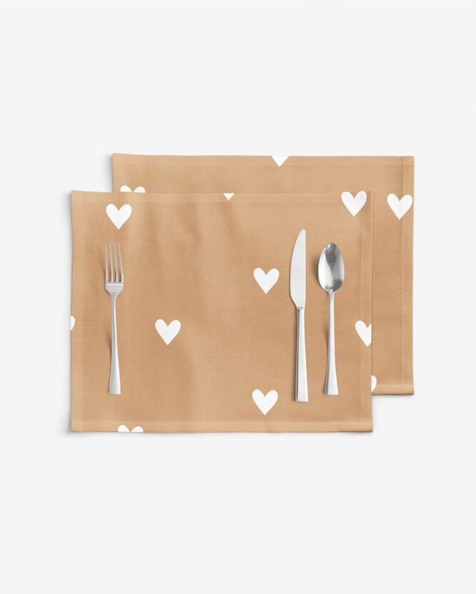 Placemat voor op tafel 100% katoen - Hartjes op herfstbruin - set 2 stuks