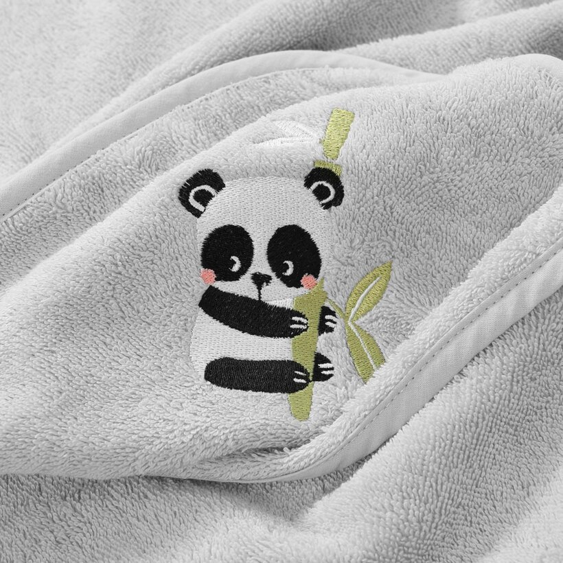 Kinder badstof badhanddoek met capuchon - Panda op lichtgrijs