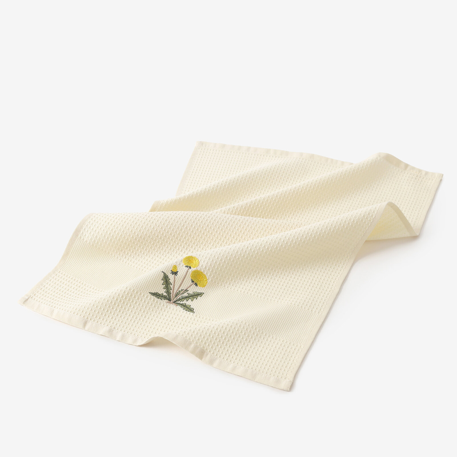 Keuken geborduurde theedoek wafeldoek - Paardenbloemen op crème