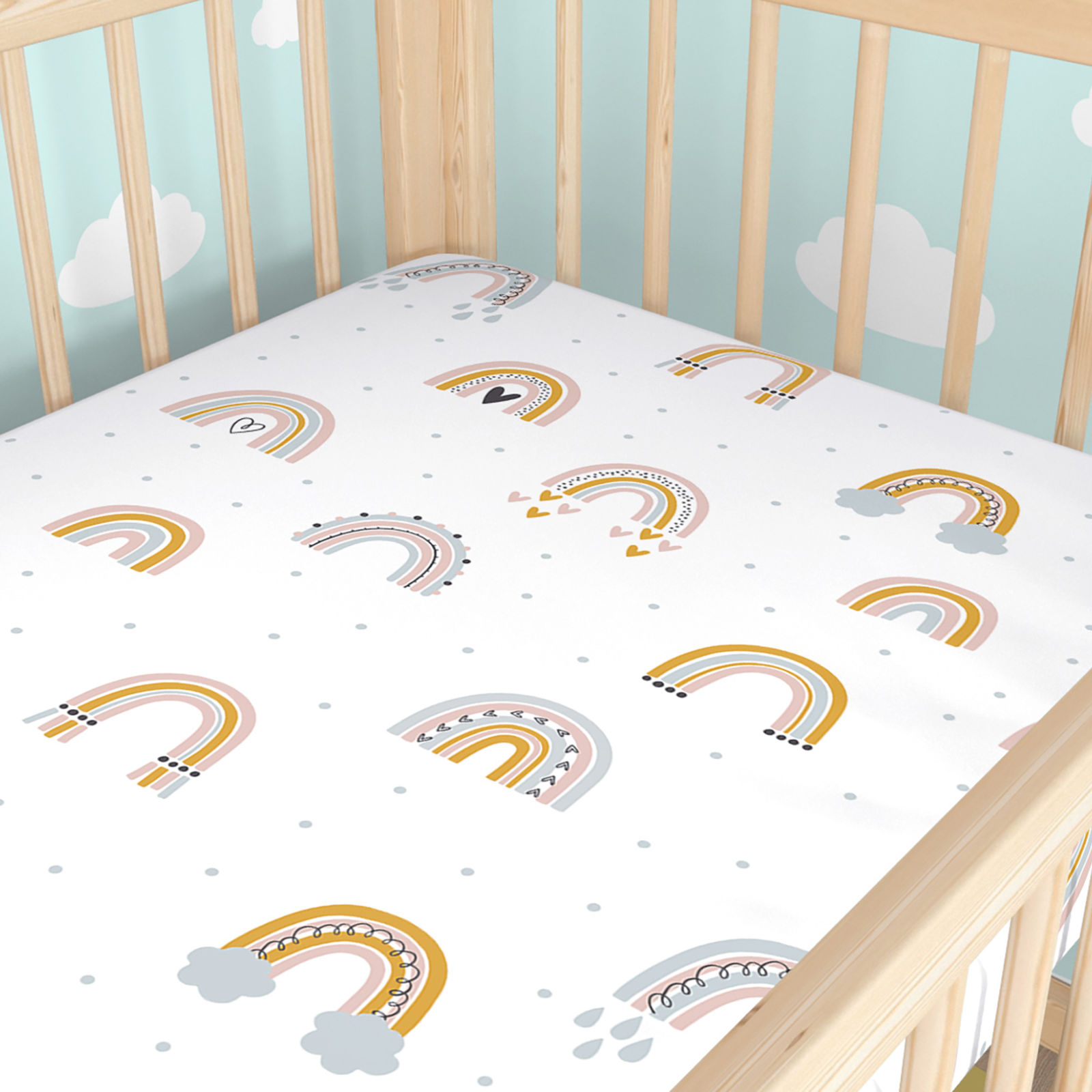 Katoenen hoeslaken voor een babybedje - Geschilderde regenbogen