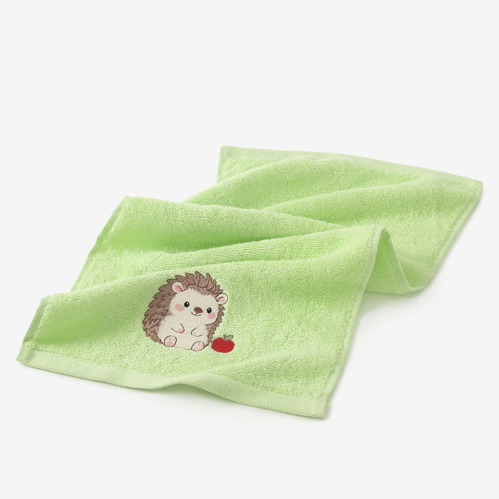 Kinder badstof handdoek - Egel met appeltje op groen