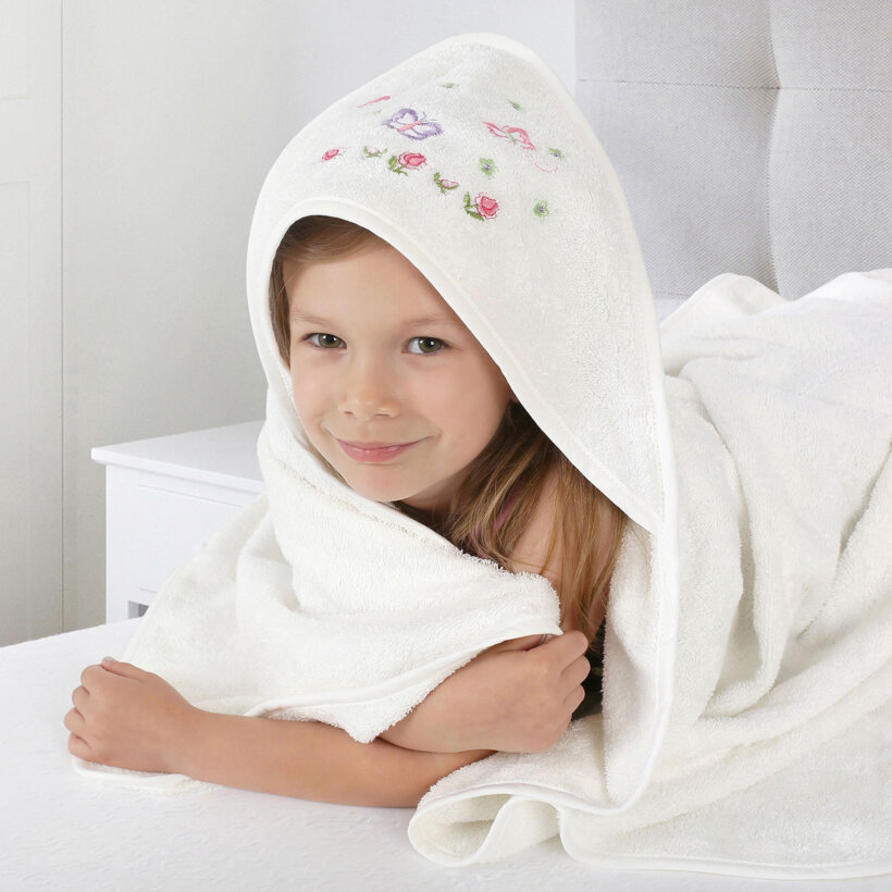 Kinder badstof badhanddoek met capuchon - Vlinders op wit