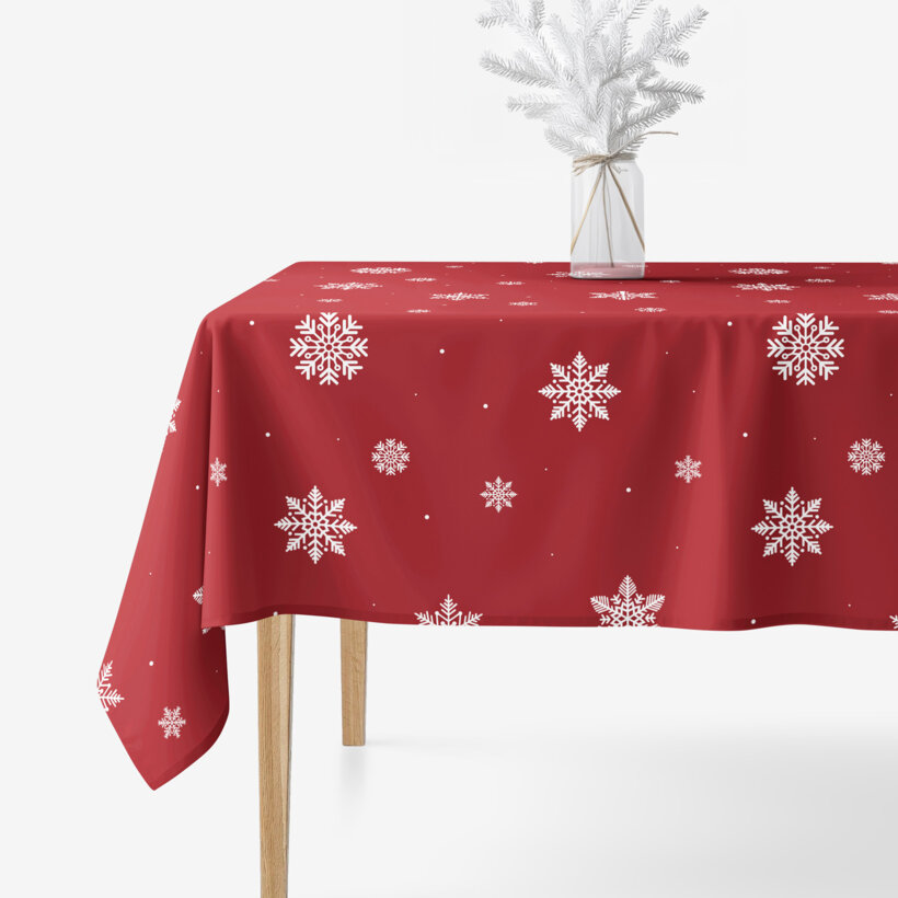 Hoekig tafelkleed 100% katoen renforcé - Sneeuwvlokken op rood