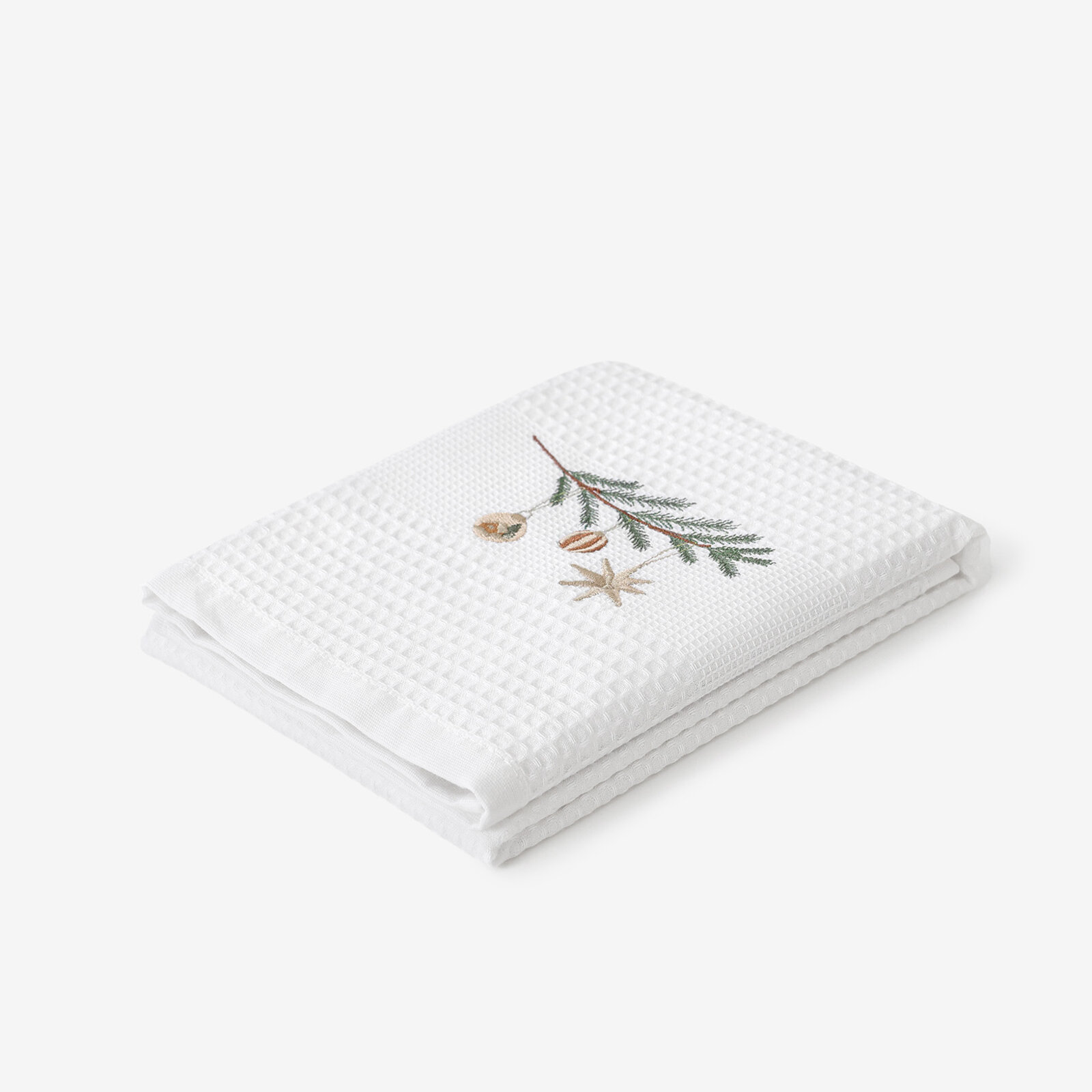Kerst keuken geborduurde theedoek wafeldoek - Kerstballen op een tak op wit
