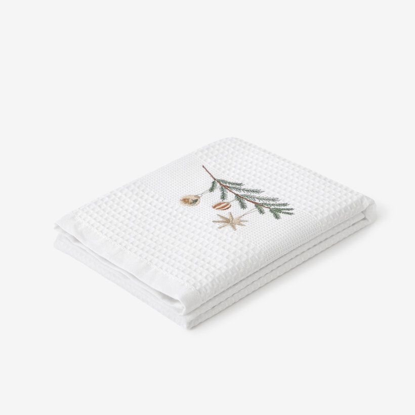 Kerst keuken geborduurde theedoek wafeldoek - Kerstballen op een tak op wit