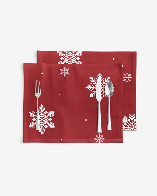 Placemat voor op tafel 100% katoen renforcé - Sneeuwvlokken op rood - set van 2 stuks