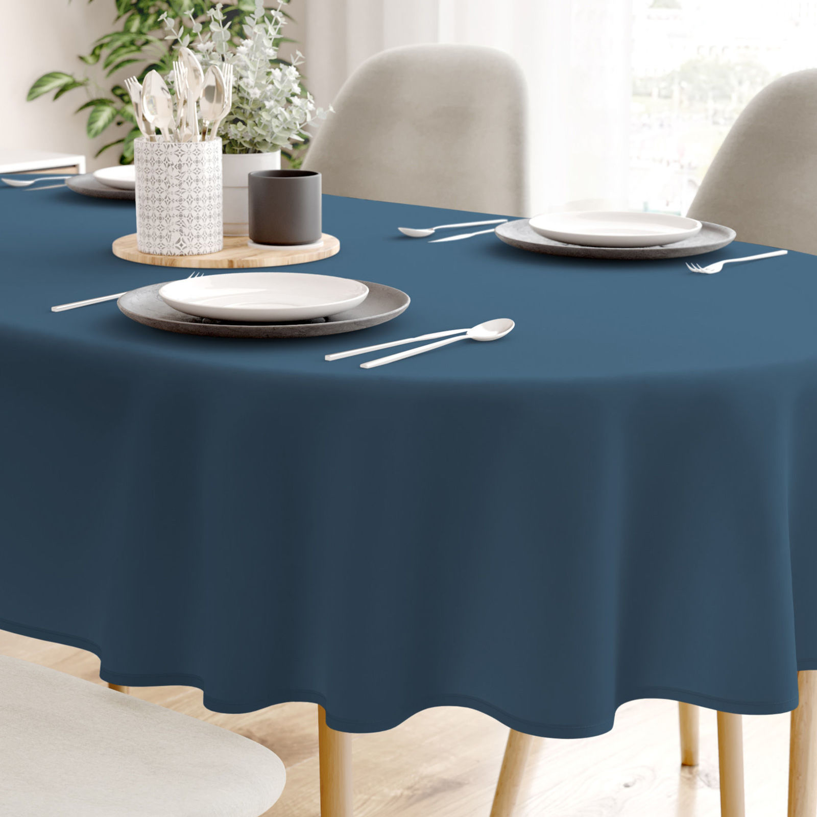 Ovaal tafelkleed 100% katoen renforcé - marineblauw