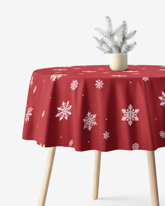 Rond tafelkleed 100% katoen renforcé - Sneeuwvlokken op rood