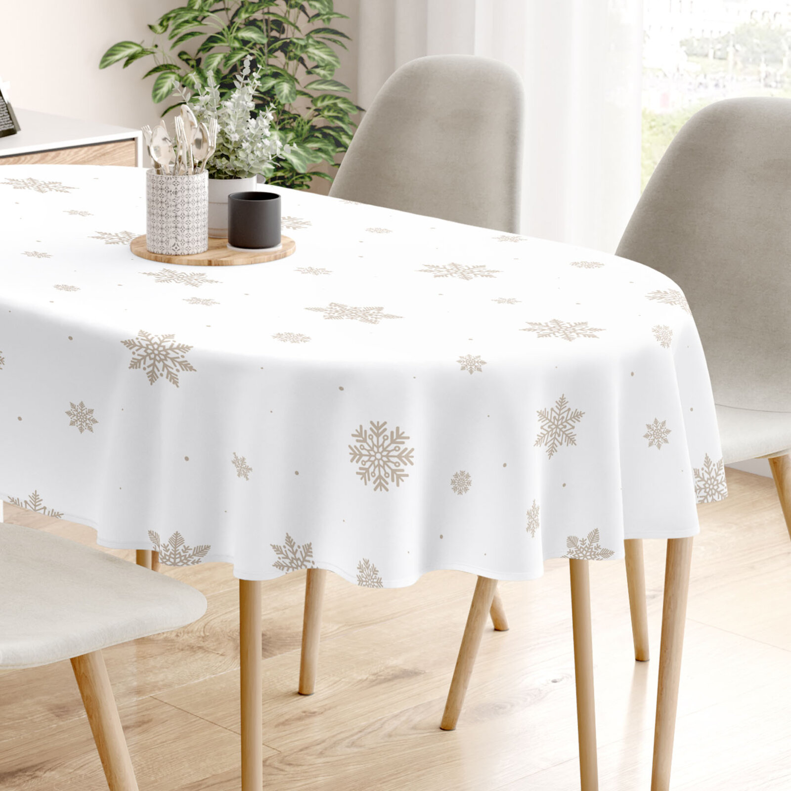 Ovaal tafelkleed 100% katoen renforcé - Sneeuwvlokken op wit