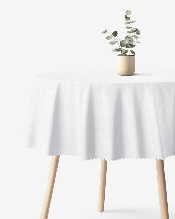 Feestelijk rond teflon tafelkleed - wit met grote ornamenten