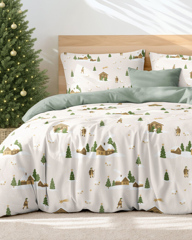 Kerst katoenen beddengoed Duo - Kerstliederen (buitenland) met saliegroen