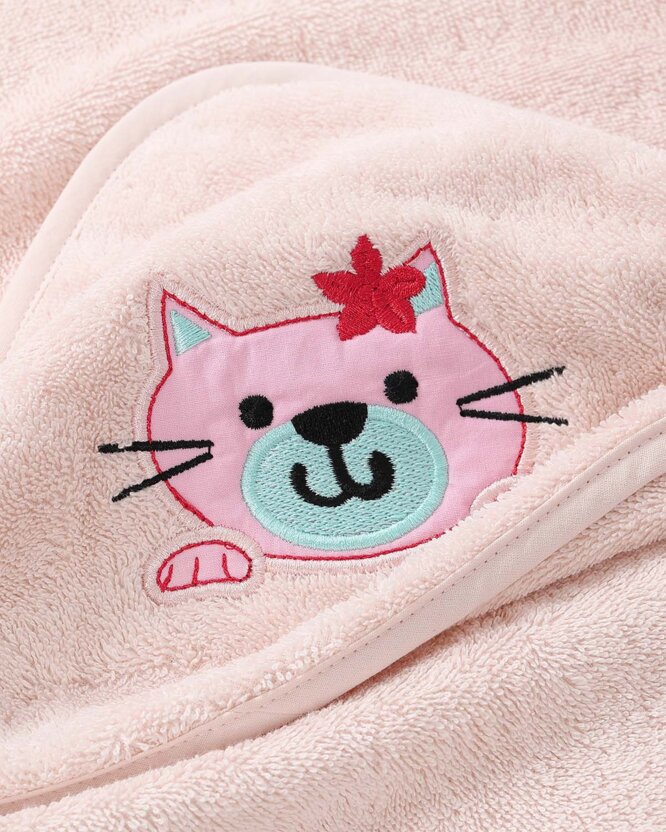 Baby badstof badhanddoek met capuchon - Poesje op lichtroze