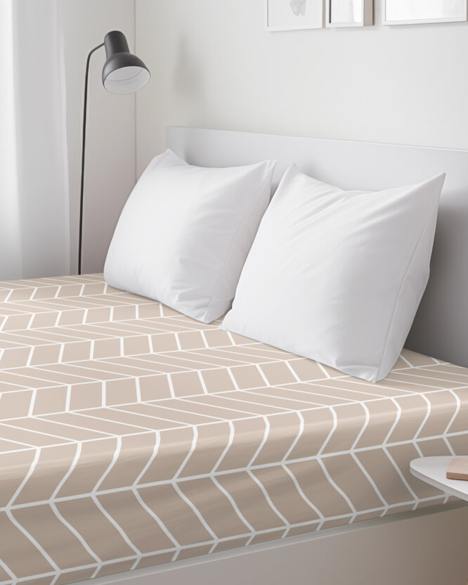 Katoenen hoeslaken - Witte zigzag op beige