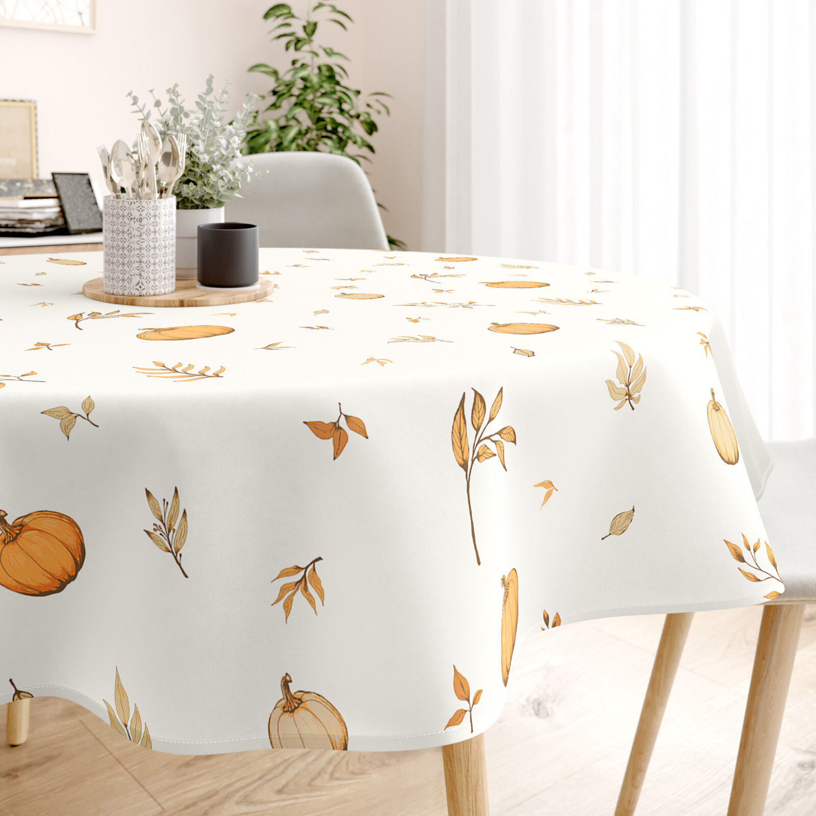 Rond tafelkleed 100% katoen renforcé - Herfst pompoenen en blaadjes