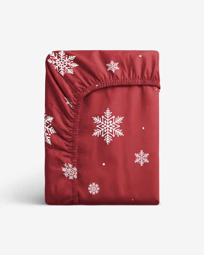 Katoenen hoeslaken - Sneeuwvlokken op rood