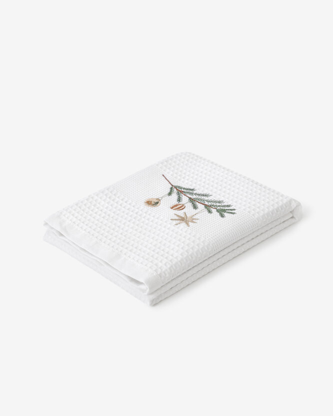 Kerst keuken geborduurde theedoek wafeldoek - Kerstballen op een tak op wit